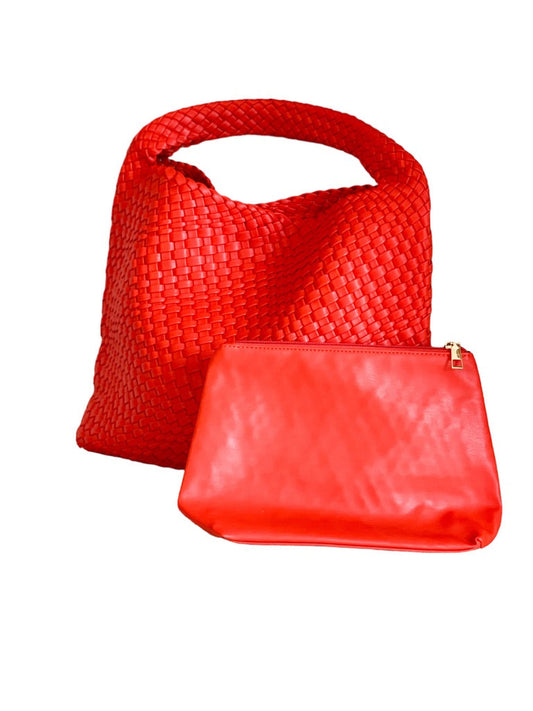 The Red | Large Woven Vegan Leather Tote - Red/Orange