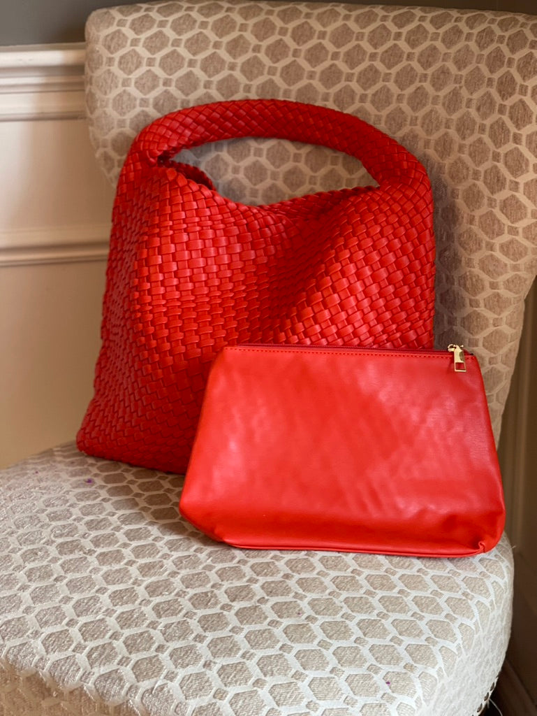 The Red | Large Woven Vegan Leather Tote - Red/Orange