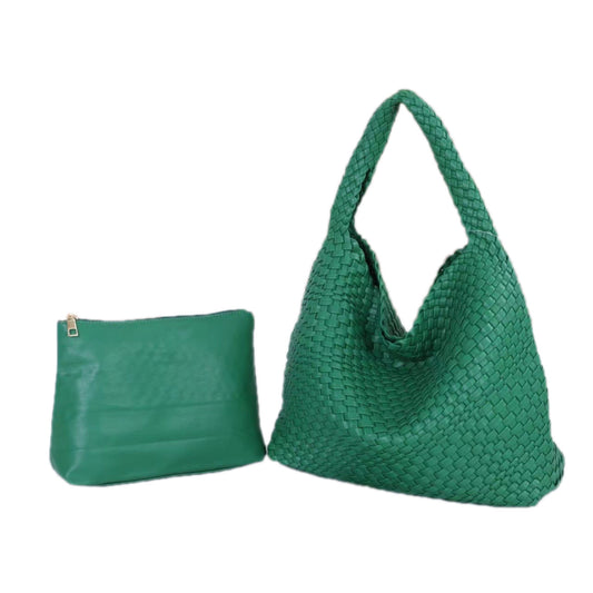 The Emerald | Large Woven Vegan Leather Tote - Emerald