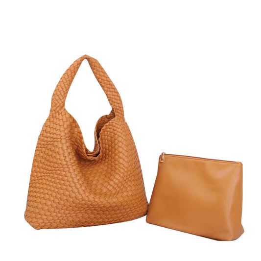 I’m Here| Large Woven Vegan Leather Tote - Camel