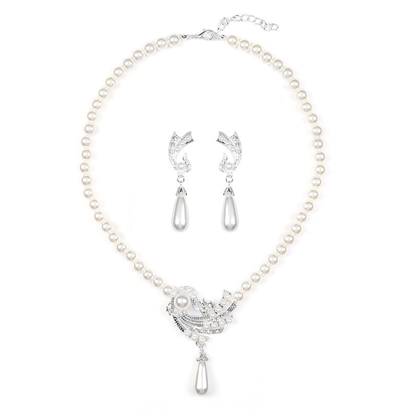 Women Wedding Dress Pearl Earrings Necklace Set