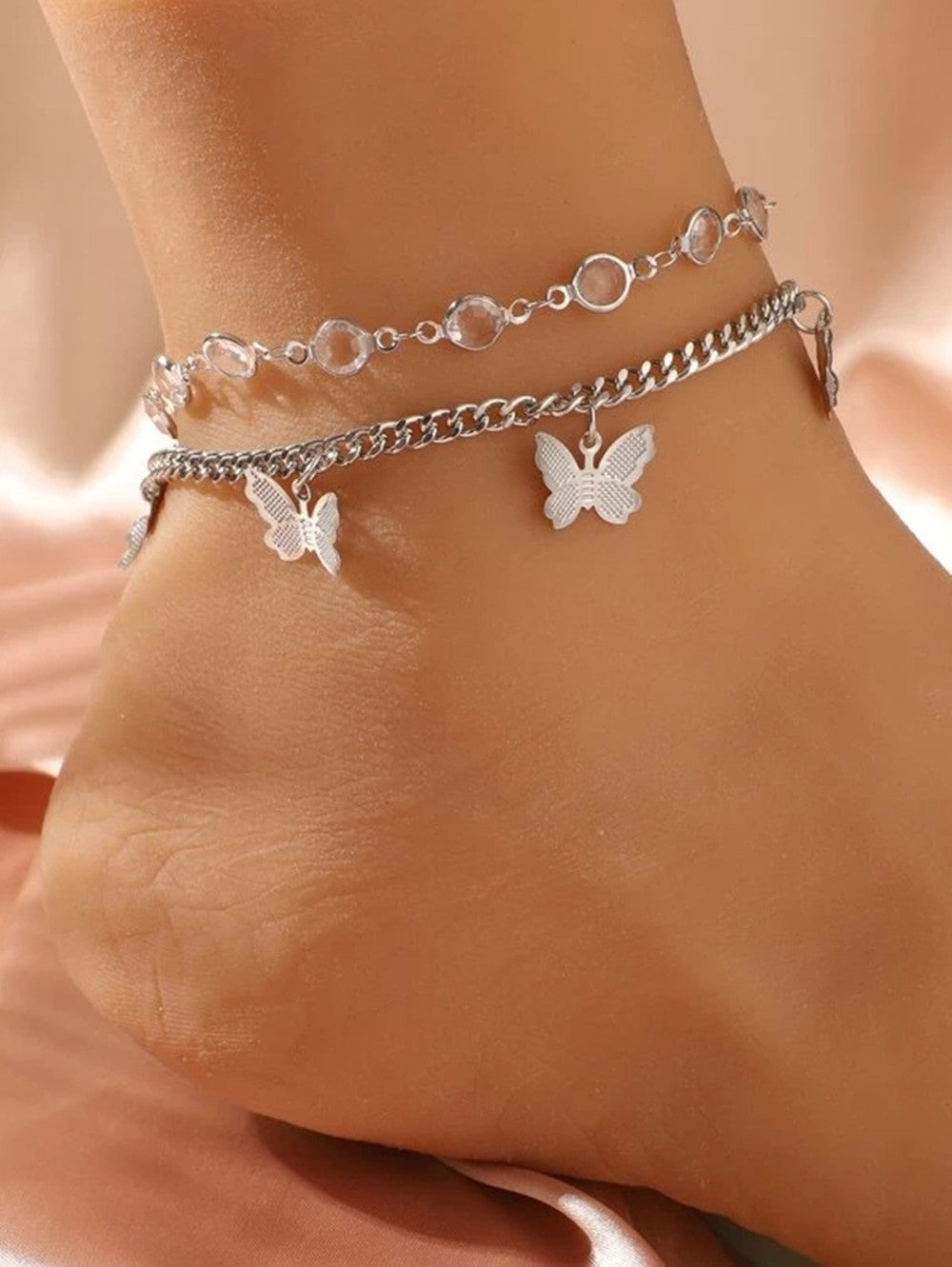 Rhinestone butterfly Pendant Double Layer Anklet Jewelry