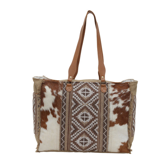 Martha Isabelle Leather Spacious Cowhide Travel Tote with Tribal Woven Panel and Dual Shoulder Straps