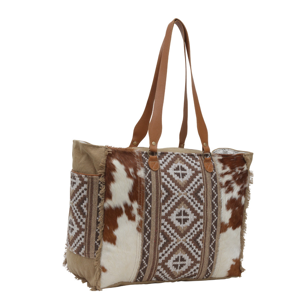 Martha Isabelle Leather Spacious Cowhide Travel Tote with Tribal Woven Panel and Dual Shoulder Straps