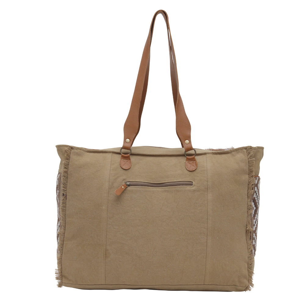 Martha Isabelle Leather Spacious Cowhide Travel Tote with Tribal Woven Panel and Dual Shoulder Straps