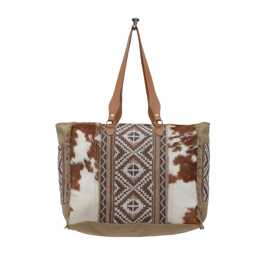 Martha Isabelle Leather Spacious Cowhide Travel Tote with Tribal Woven Panel and Dual Shoulder Straps