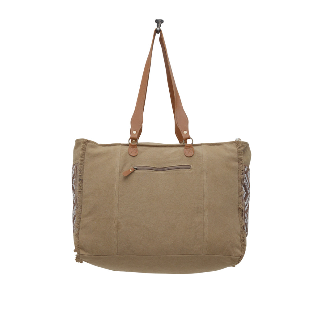 Martha Isabelle Leather Spacious Cowhide Travel Tote with Tribal Woven Panel and Dual Shoulder Straps