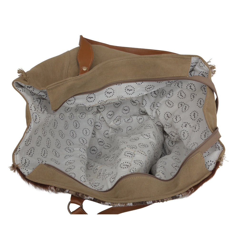 Martha Isabelle Leather Spacious Cowhide Travel Tote with Tribal Woven Panel and Dual Shoulder Straps