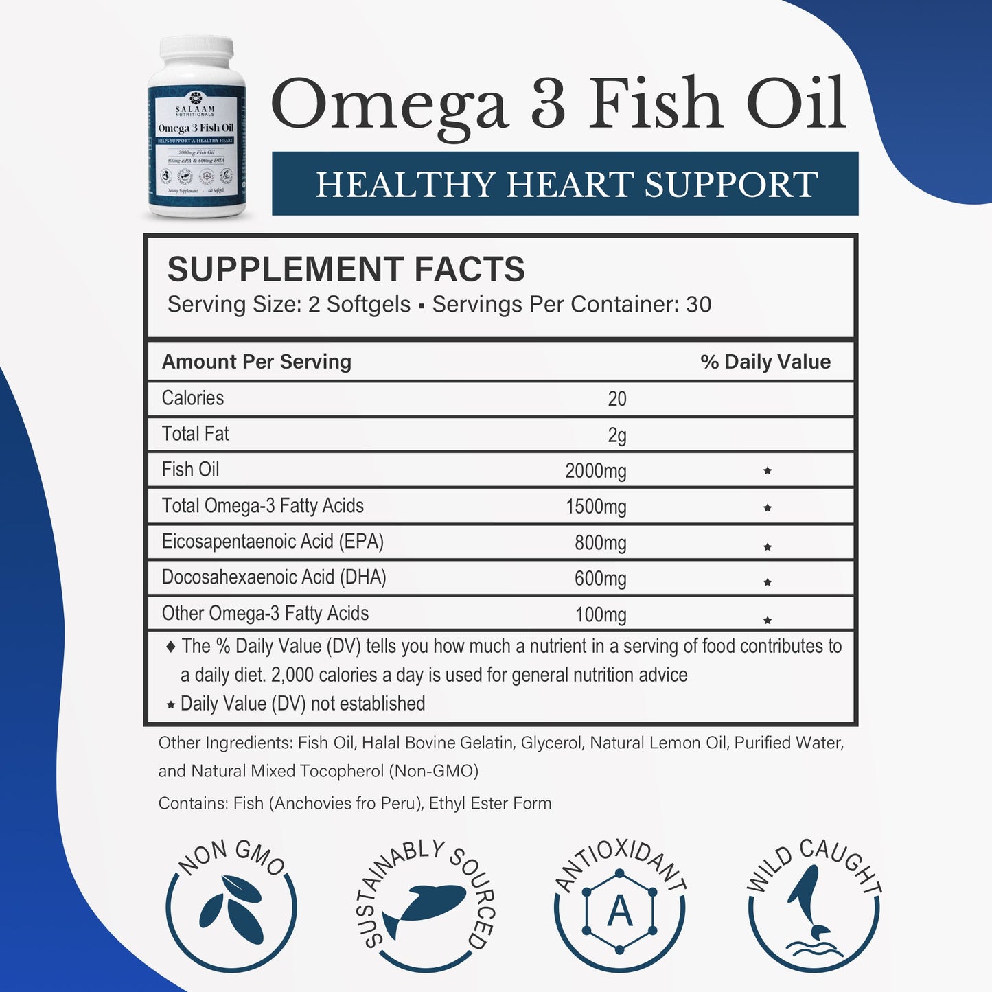 Fish Oil 2000mg Omega-3 Soft Gels with EPA & DHA - 60 Count | Salaam Nutritionals