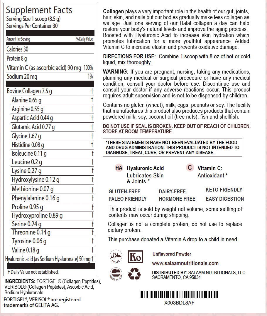 Pure Halal Collagen Hydrolyzed Peptides Type 1 & 3 Powder - With Vitamin C & Hyaluronic Acid | Nutritionals