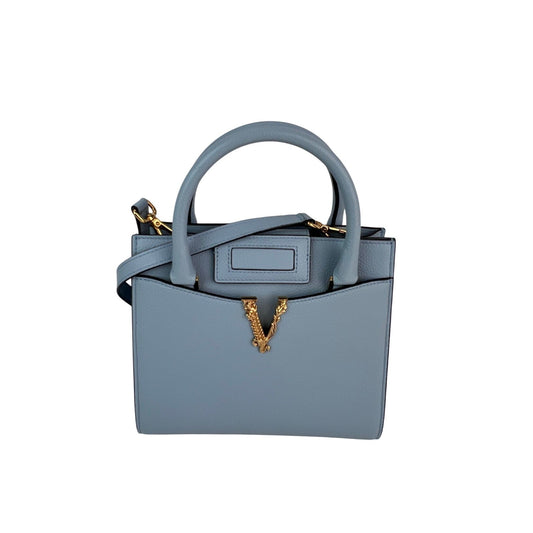 Versace Virtus Top Handle Grained Calfskin Light Blue Tote On Sale