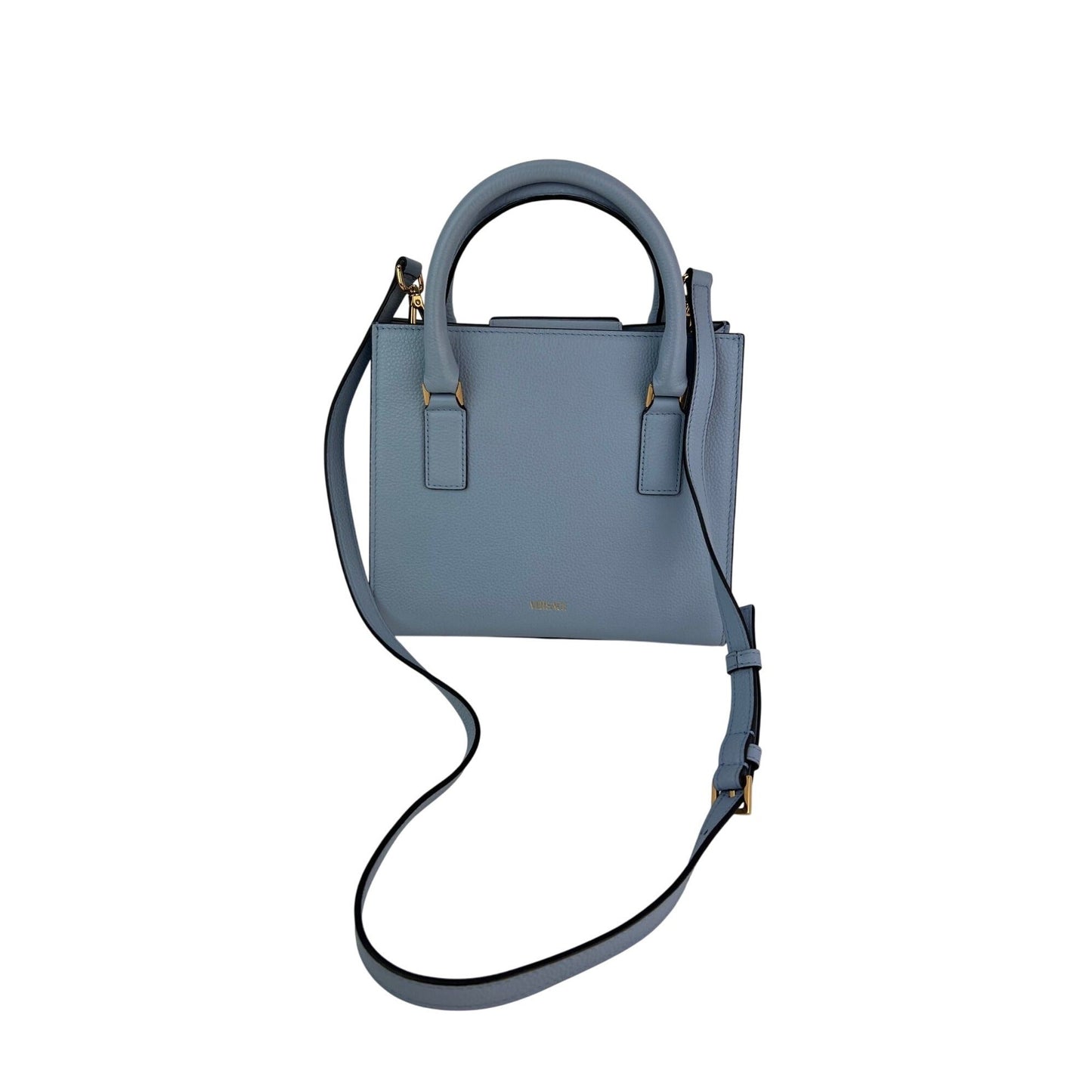Versace Virtus Top Handle Grained Calfskin Light Blue Tote On Sale
