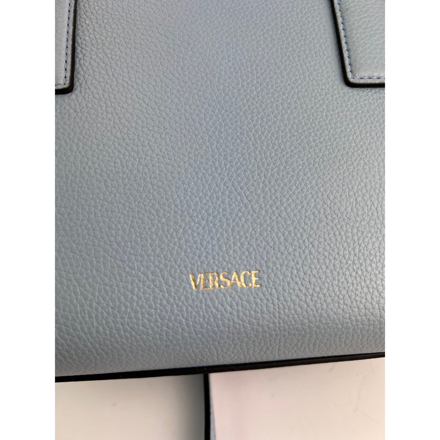 Versace Virtus Top Handle Grained Calfskin Light Blue Tote On Sale