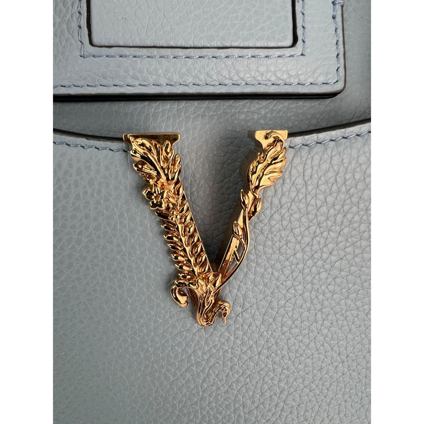 Versace Virtus Top Handle Grained Calfskin Light Blue Tote On Sale