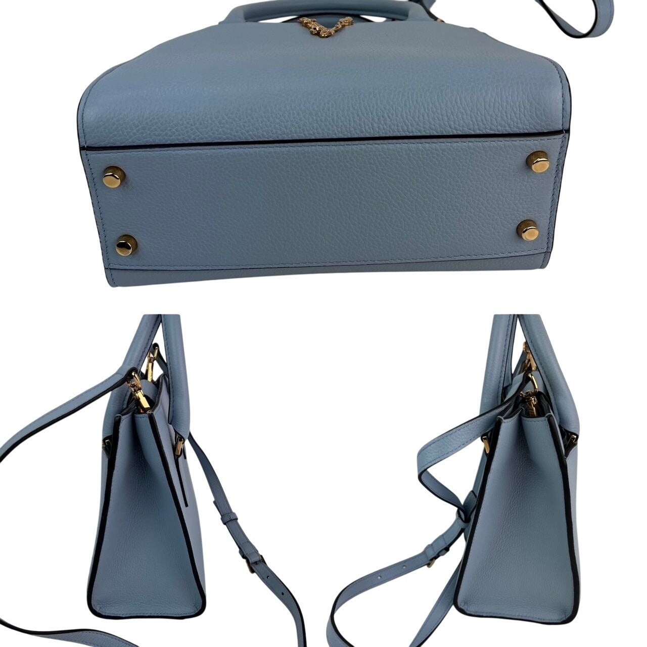 Versace Virtus Top Handle Grained Calfskin Light Blue Tote On Sale