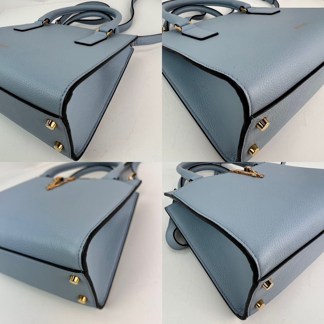 Versace Virtus Top Handle Grained Calfskin Light Blue Tote On Sale