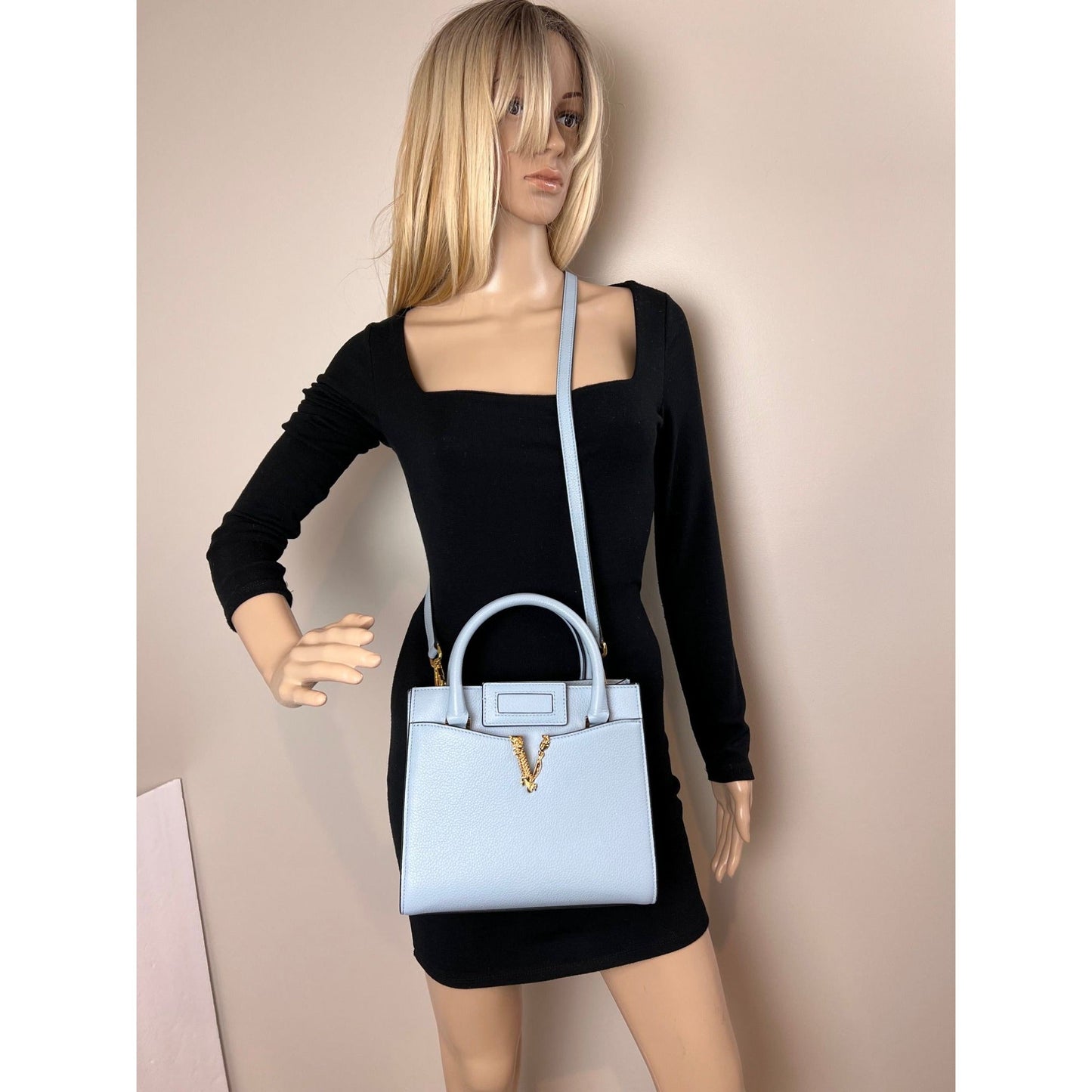 Versace Virtus Top Handle Grained Calfskin Light Blue Tote On Sale