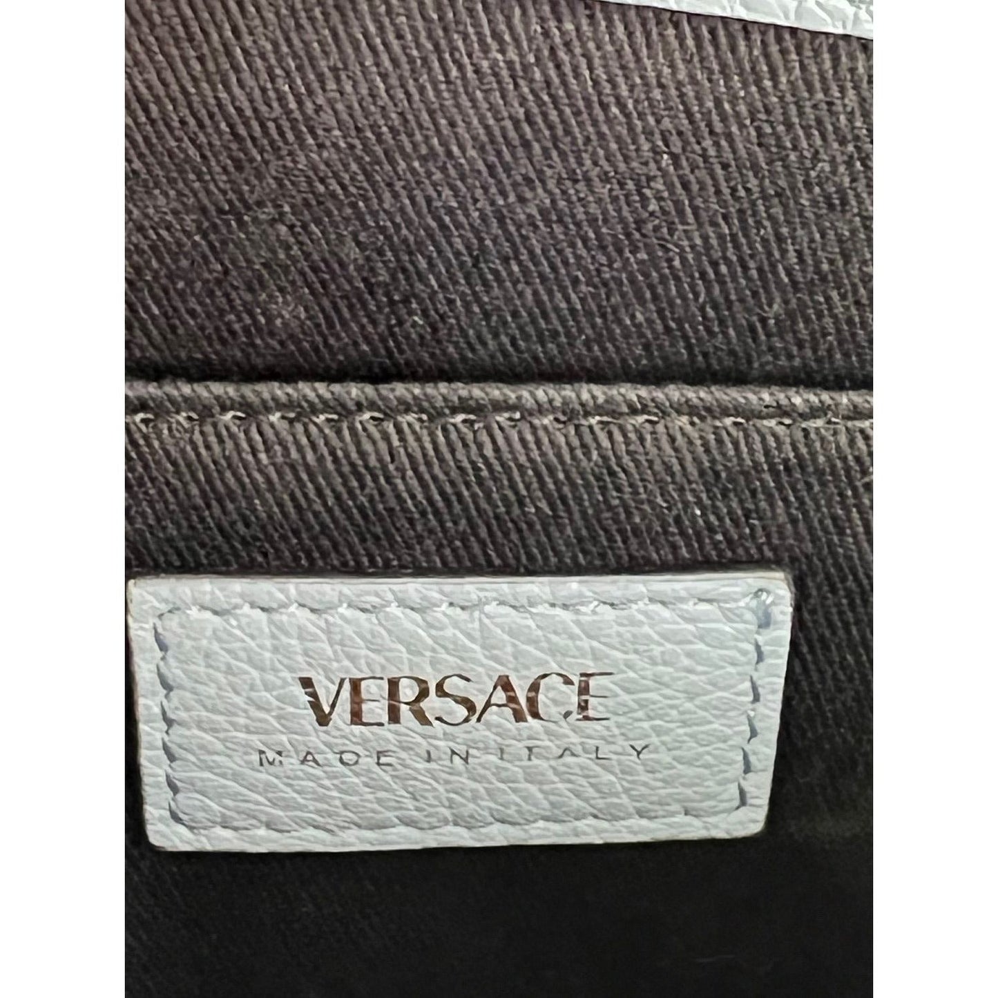 Versace Virtus Top Handle Grained Calfskin Light Blue Tote On Sale