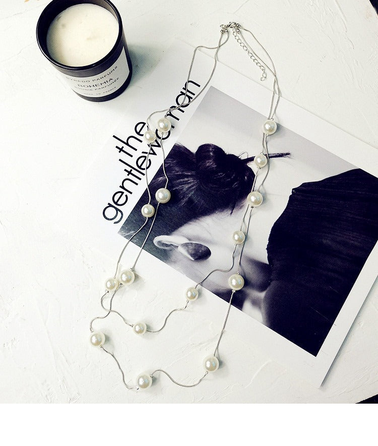 Multi Layer Pearl Sweater Chain Necklace