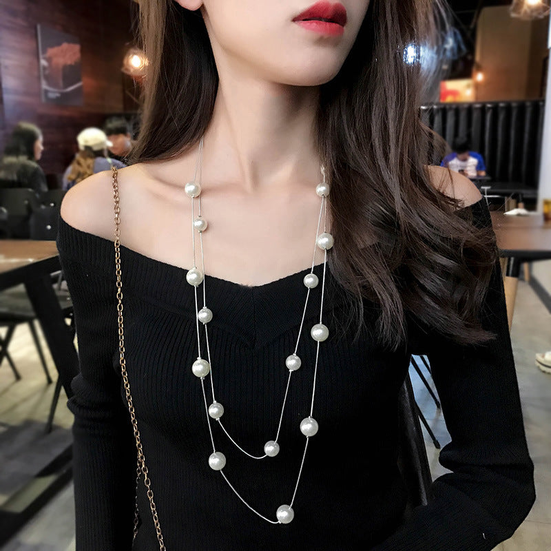 Multi Layer Pearl Sweater Chain Necklace