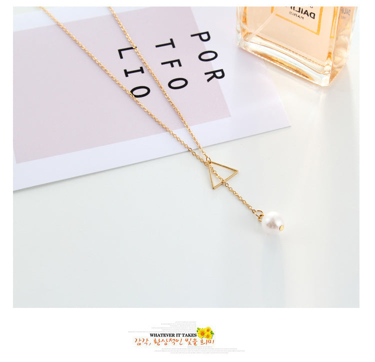 Hollow Triangle Pearl Lariat Necklace