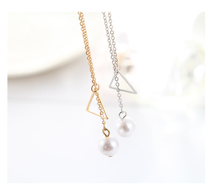 Hollow Triangle Pearl Lariat Necklace