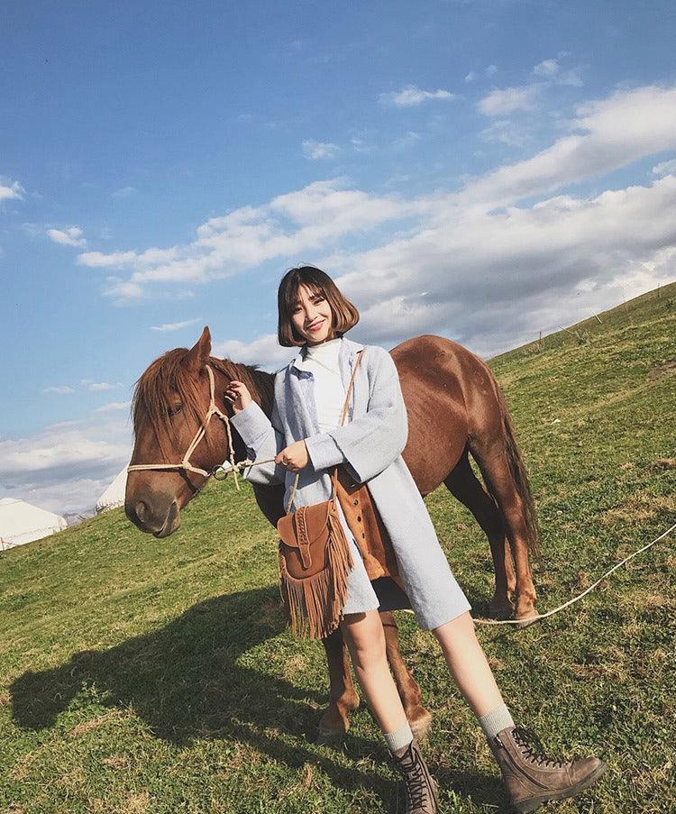 Trendy Dakota Tasseled Boho Leather Bag - Large Tassel Shoulder Bag