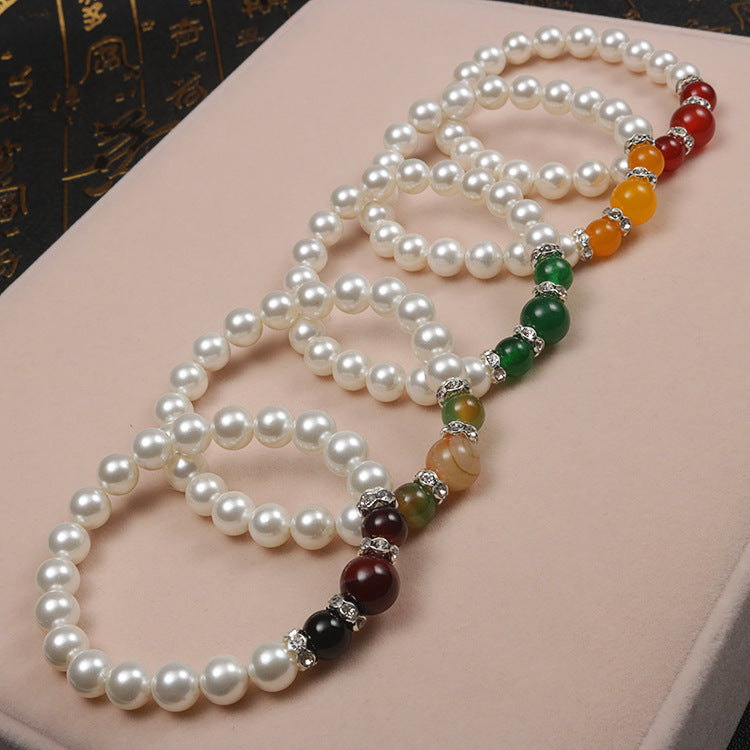 Mimi Natural Agate Stone Pearl Stretch Bracelet