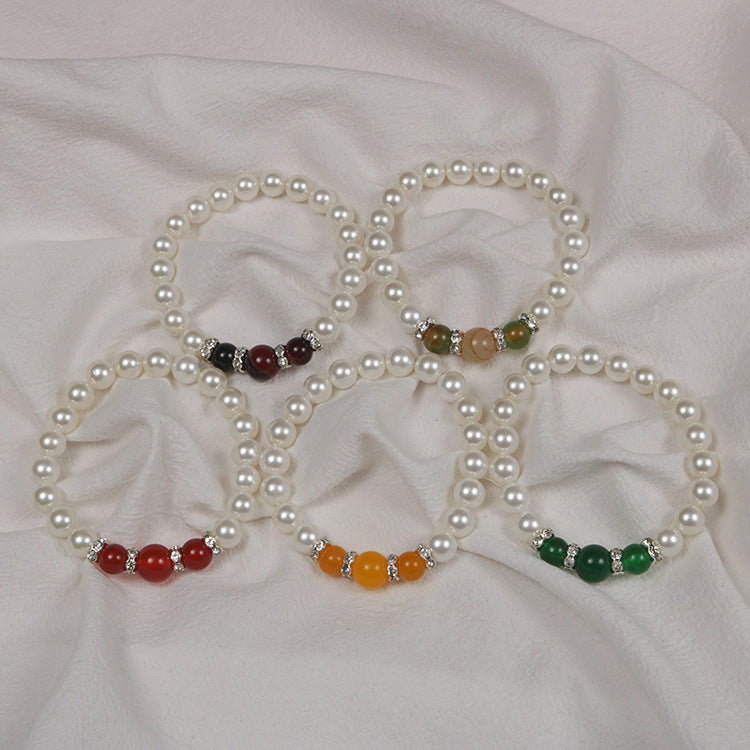 Mimi Natural Agate Stone Pearl Stretch Bracelet