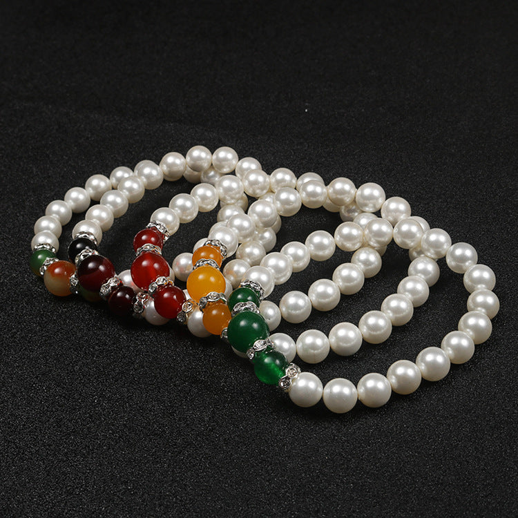 Mimi Natural Agate Stone Pearl Stretch Bracelet