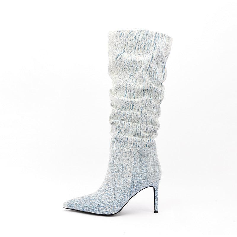 White Denim High Heel Tall Boots