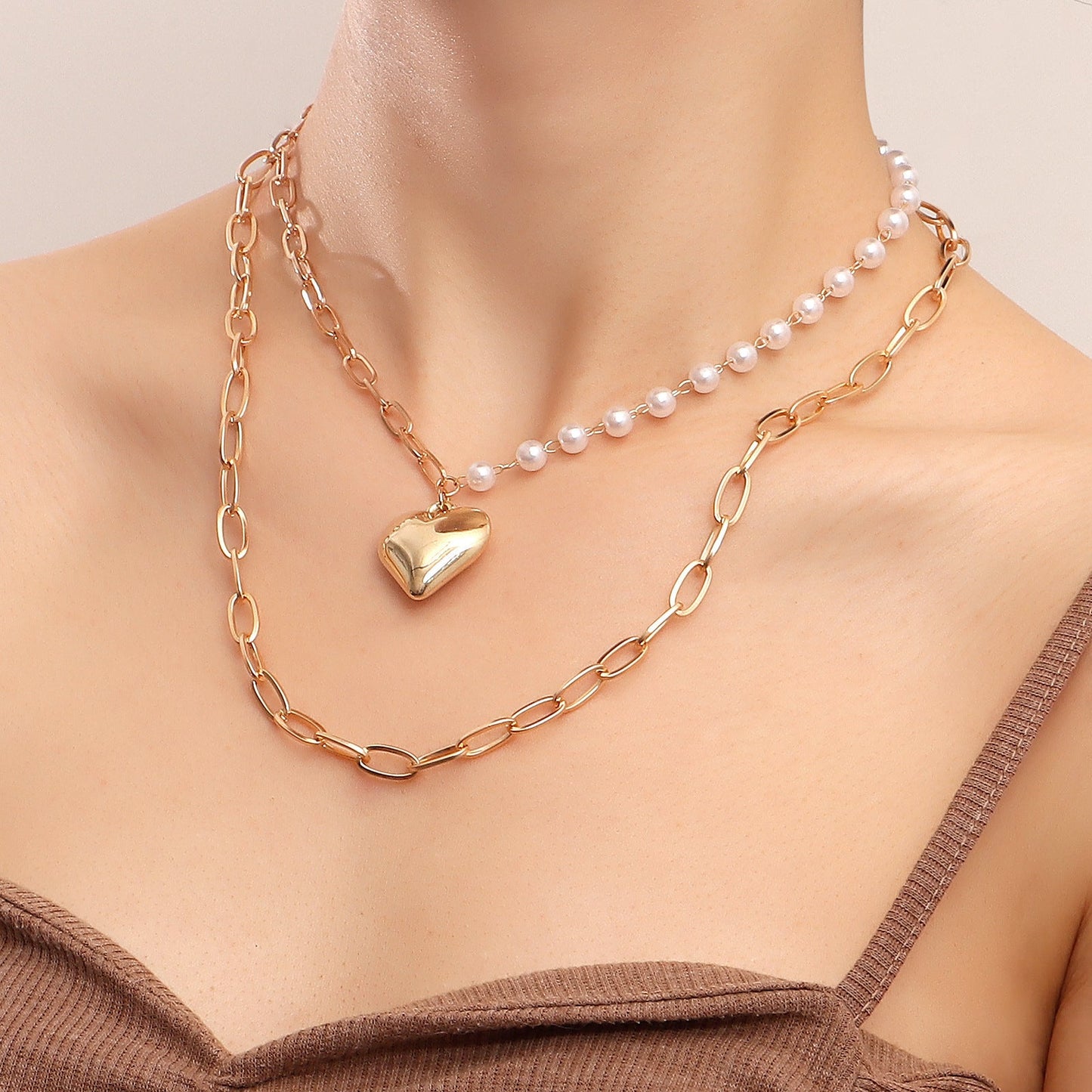 Double Layer Pearl Love Heart Pendant Necklace