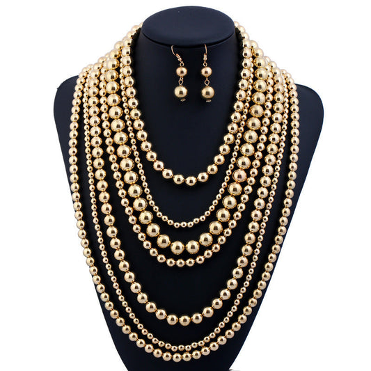 Multi Layer Pearl Beaded Long Statement Necklace