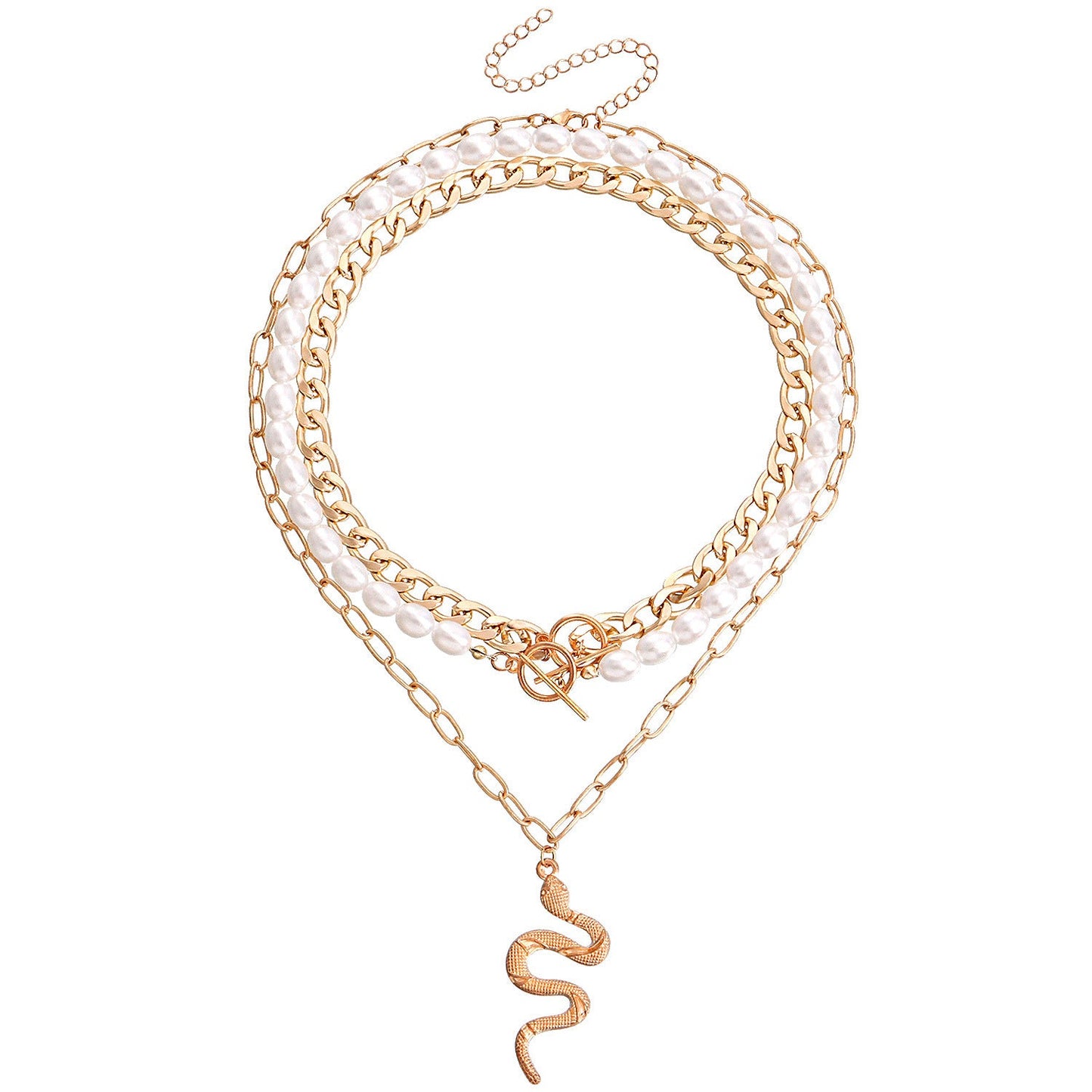 Cuban Chain Multi Layered Gold Snake Pendant Necklace