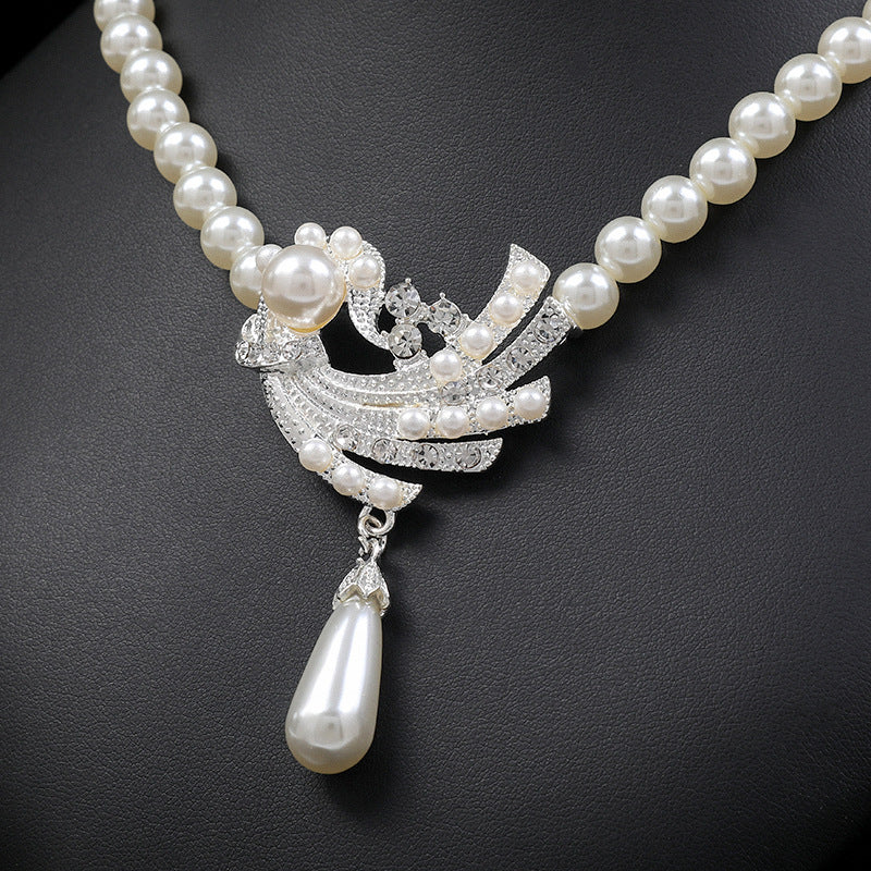 Women Wedding Dress Pearl Earrings Necklace Set