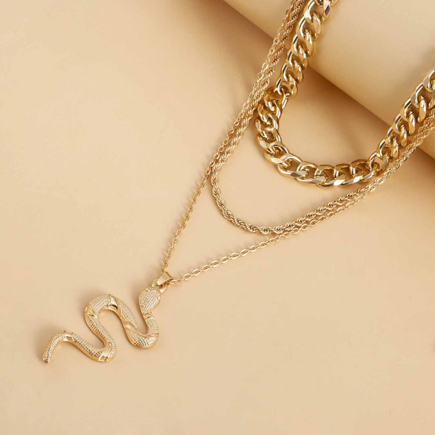 Vintage Cuban Chain Multi Layered Snake Pendant Necklace