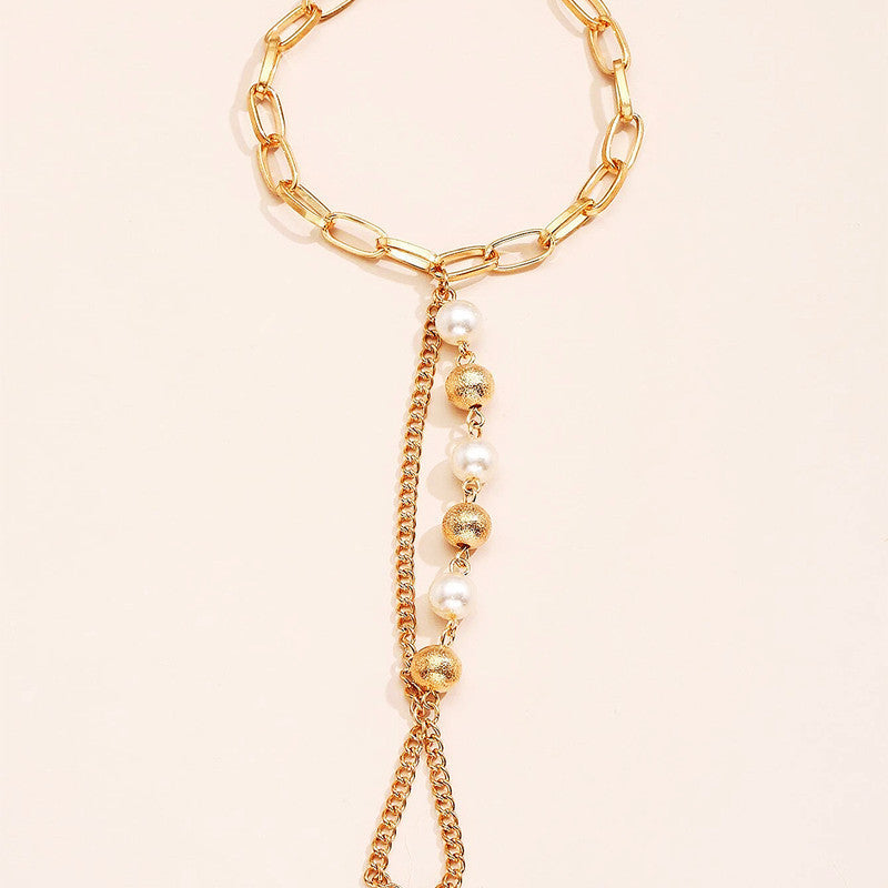 La Bohemia, Cuban Link Chain Imitation Pearl Beads Finger Ring Bracelet