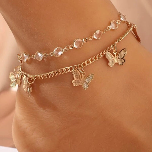 Rhinestone butterfly Pendant Double Layer Anklet Jewelry