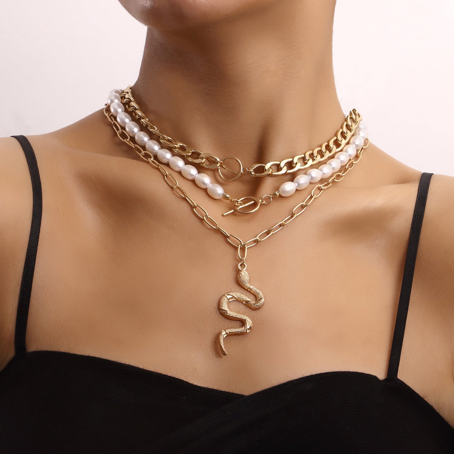 Cuban Chain Multi Layered Gold Snake Pendant Necklace
