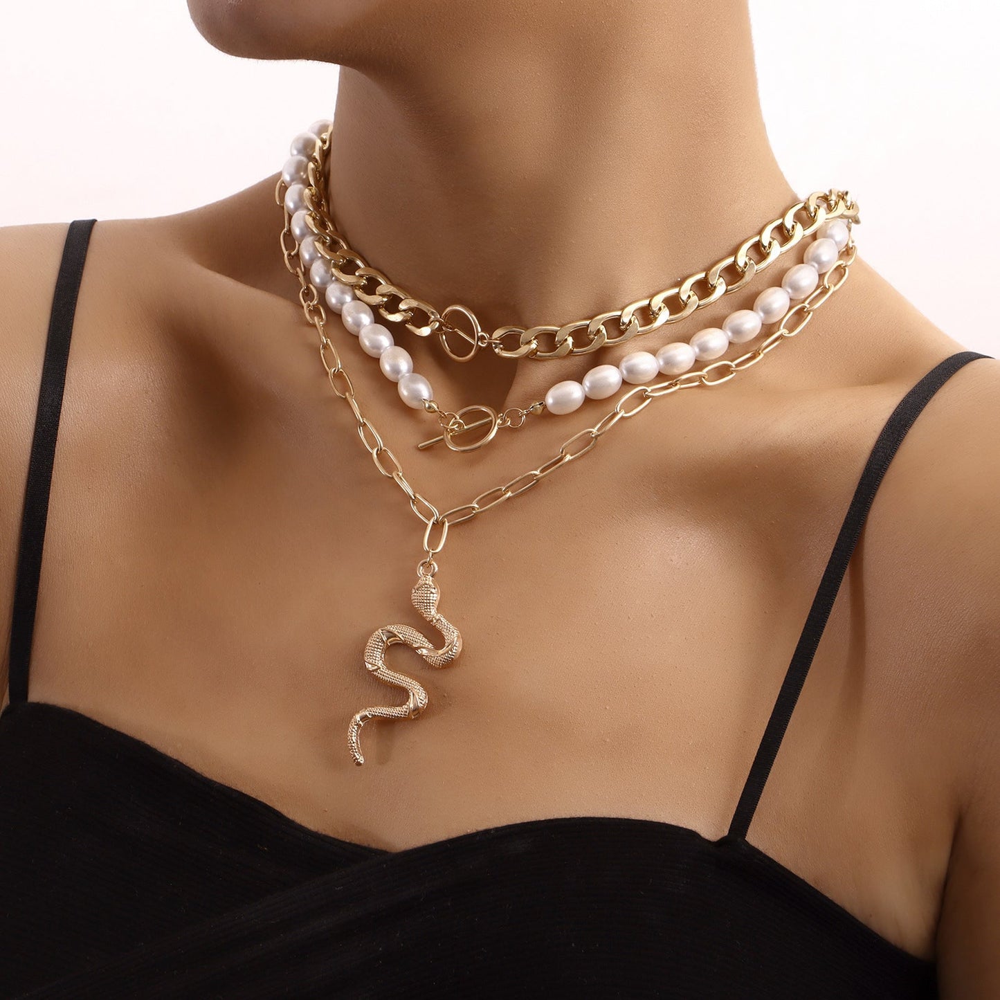 Cuban Chain Multi Layered Gold Snake Pendant Necklace