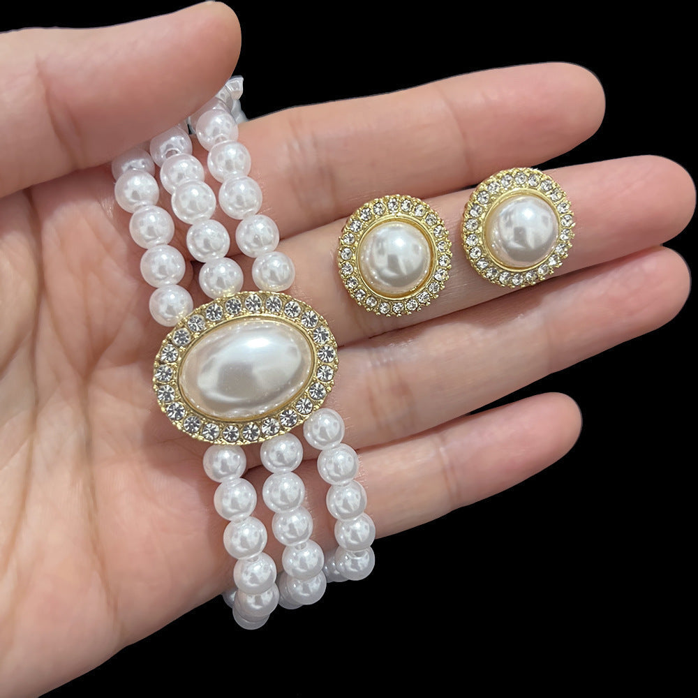 Elegant Layers White Pearl Bib Statement Necklace Earring Set
