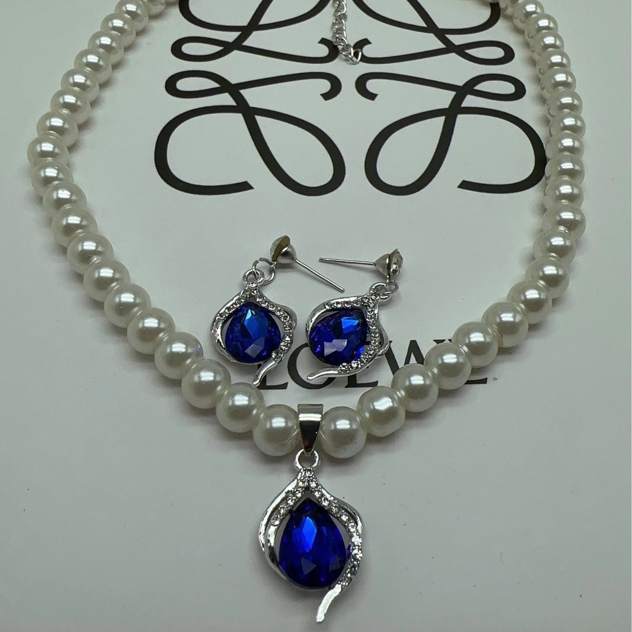 Blue RhineStone Pendant Pearl Beaded Necklace Jewelry Set