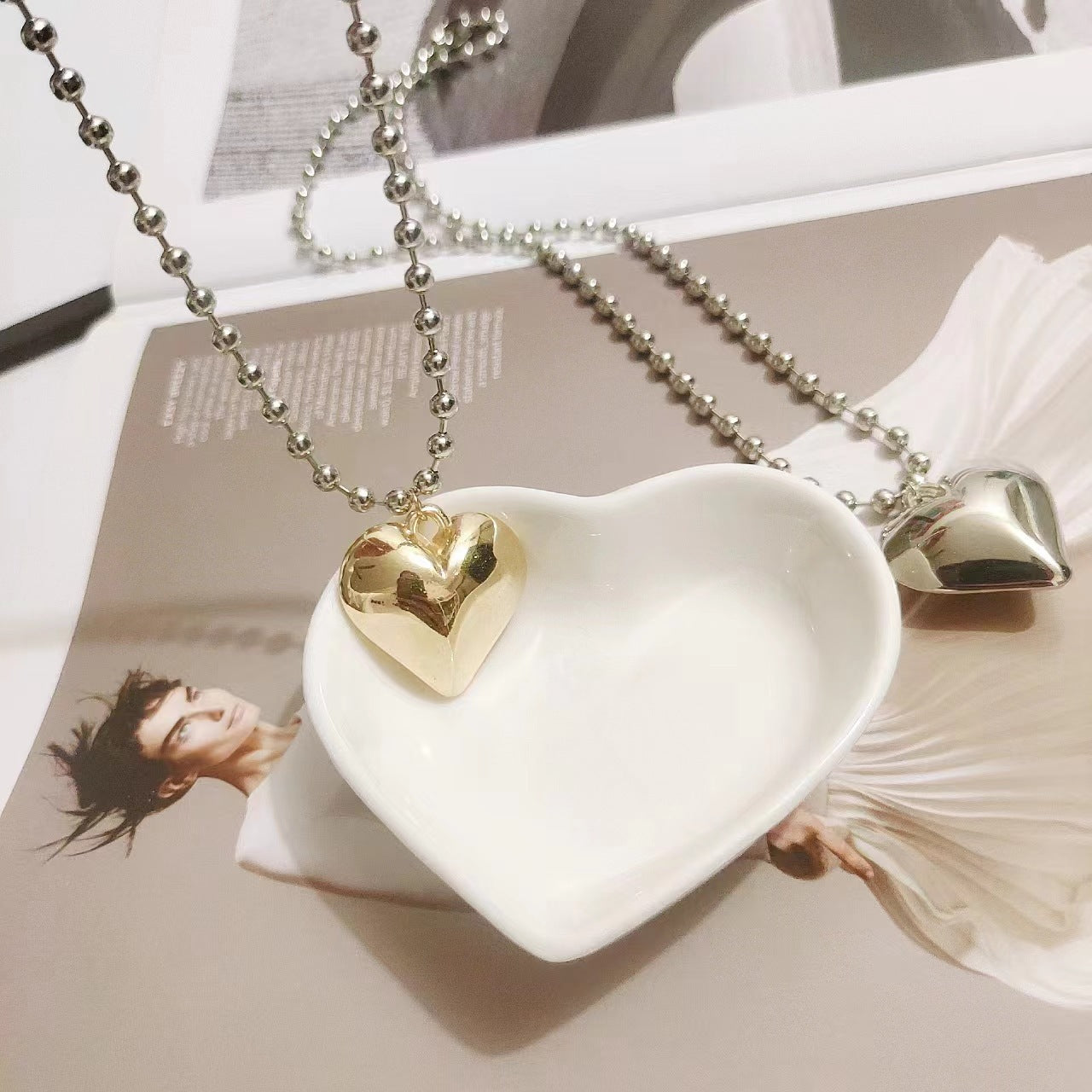 Beaded Chain Heart Pendant Necklace