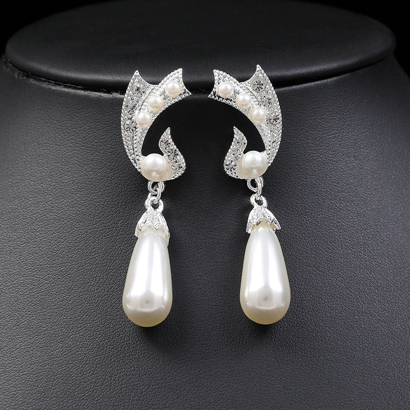 Women Wedding Dress Pearl Earrings Necklace Set