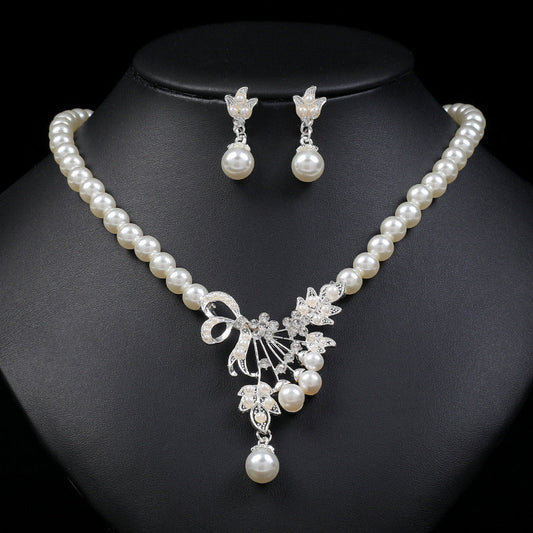 Vintage Pearl Flower Necklace Earrings Set