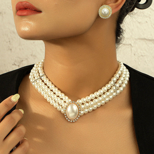Elegant Layers White Pearl Bib Statement Necklace Earring Set