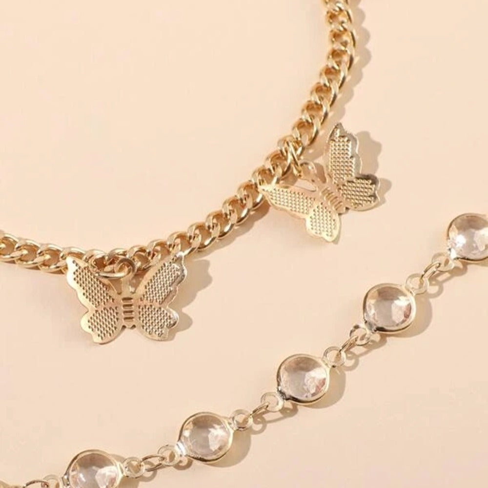 Rhinestone butterfly Pendant Double Layer Anklet Jewelry