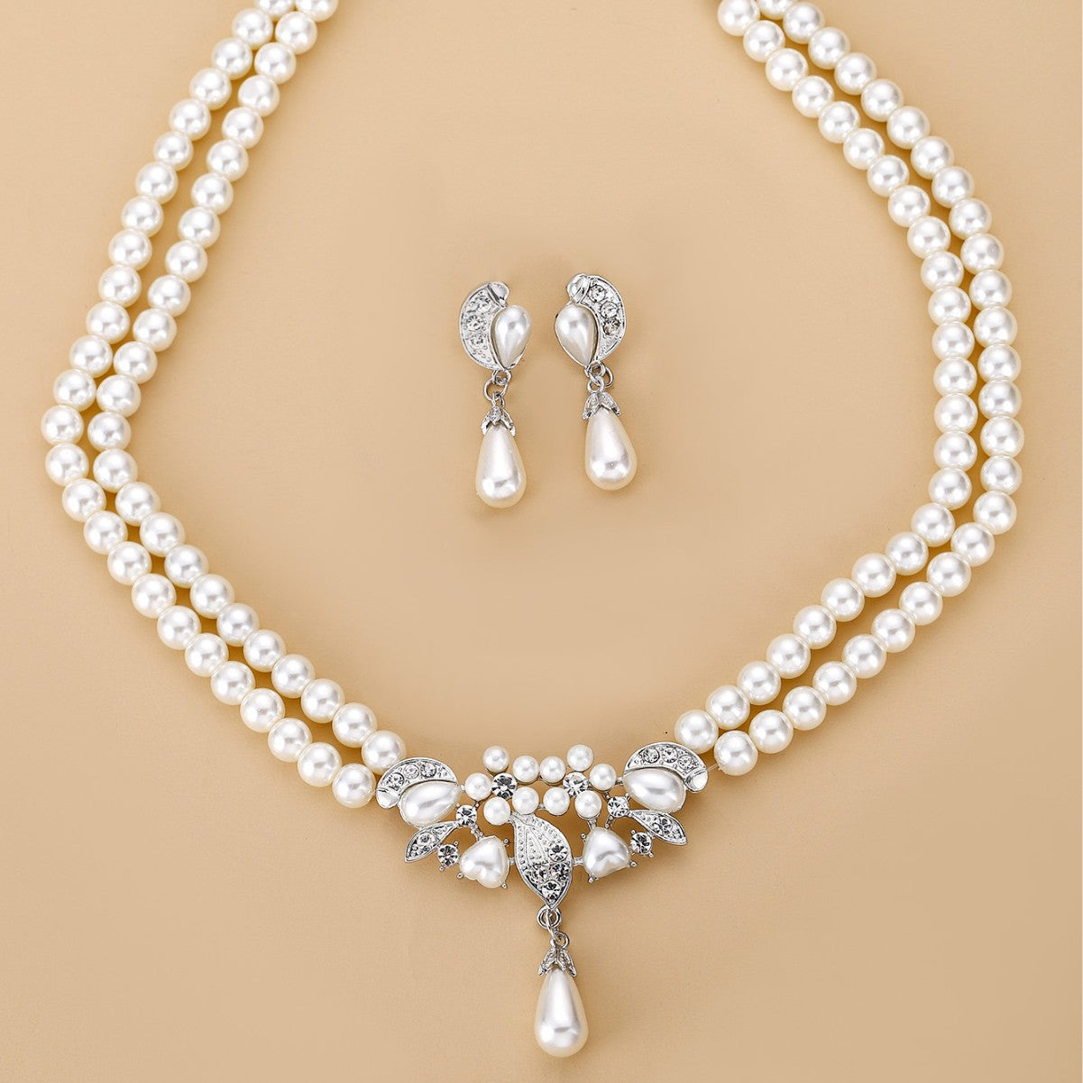 Double Layer Pearl Necklaces Earrings Bride Wedding Beads Jewelry Set