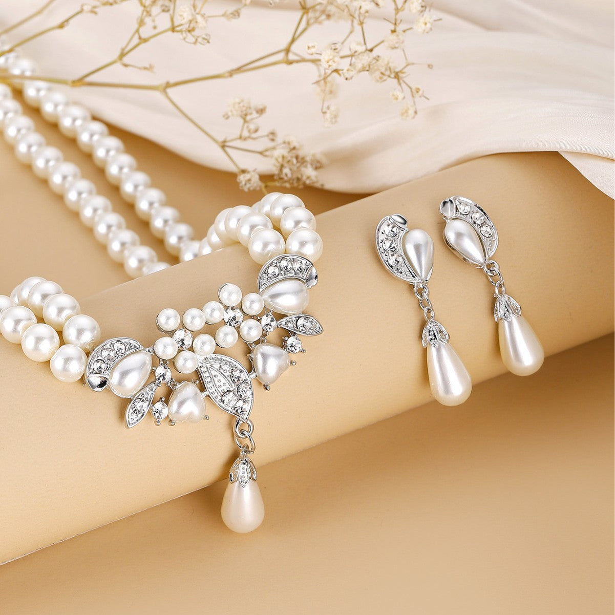 Double Layer Pearl Necklaces Earrings Bride Wedding Beads Jewelry Set