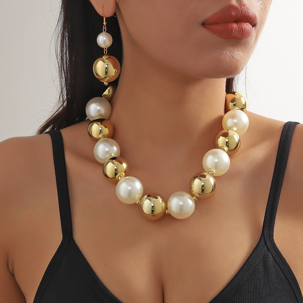 Exaggerated Multi-Layer Pearl Pendant Earring and Necklace Set